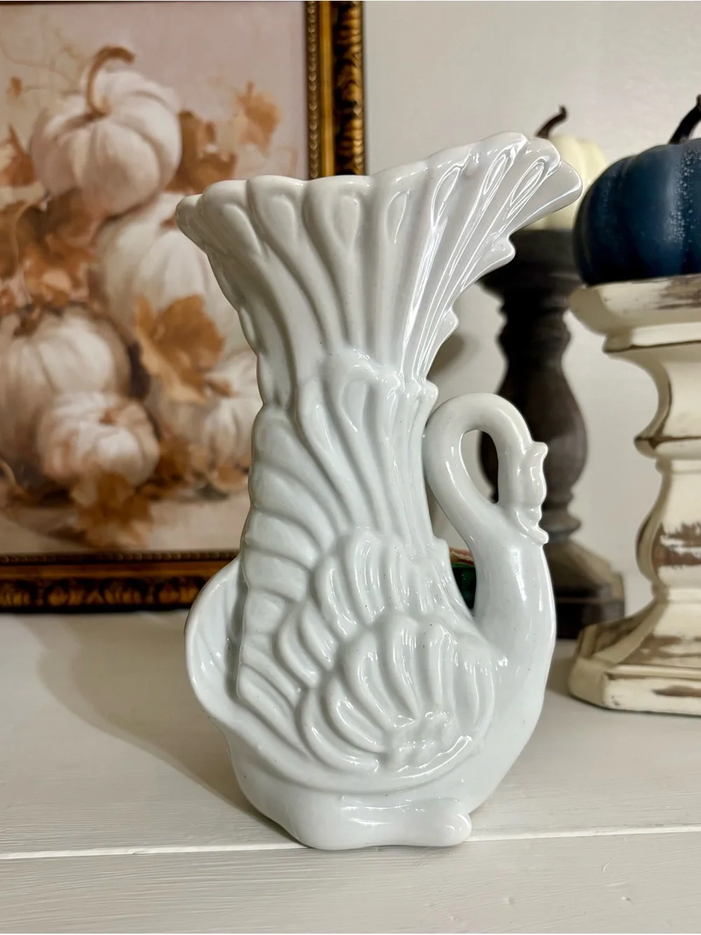 Vintage White Swan Vase with Pink and Lavender Floral Accent